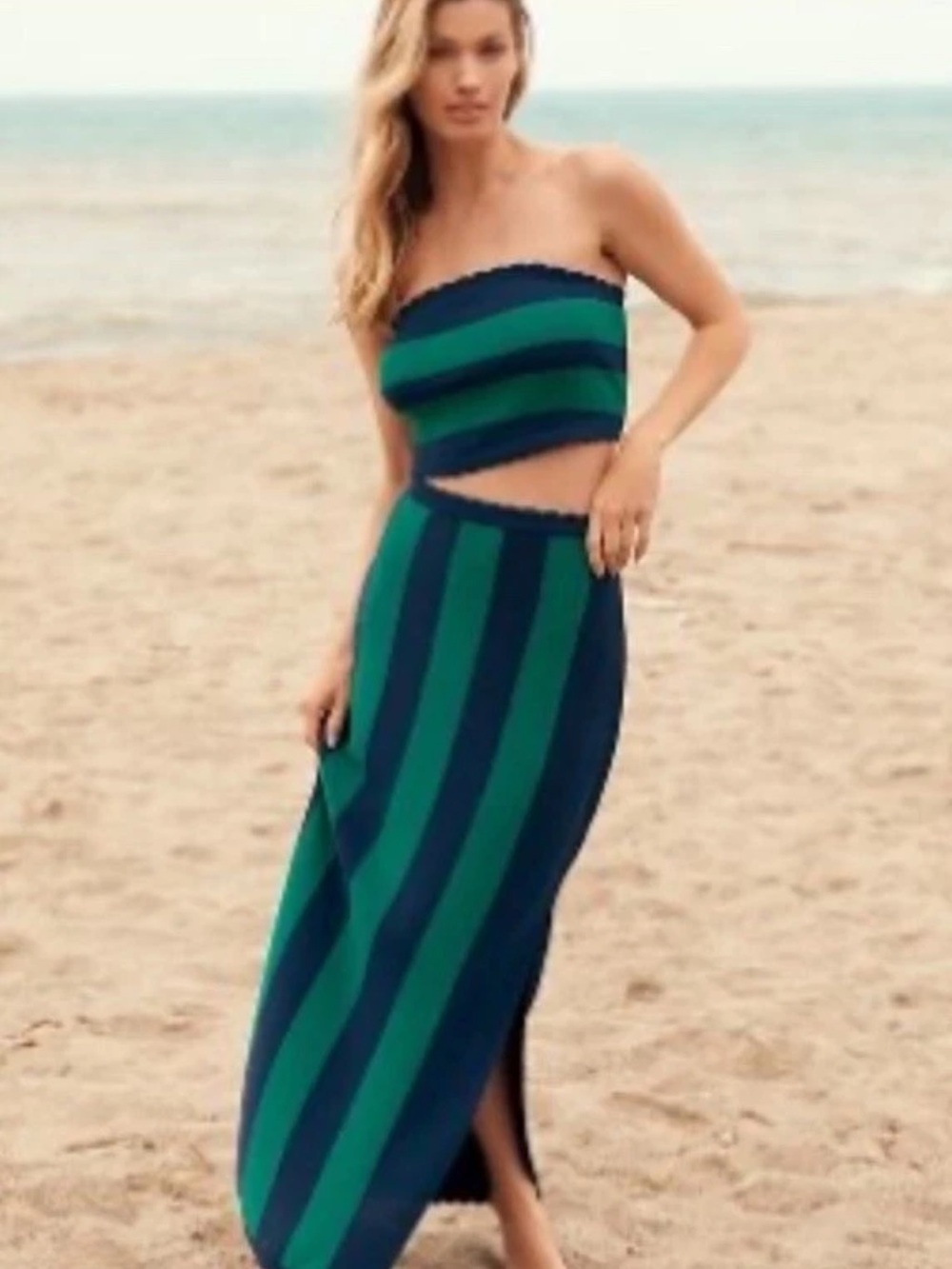 Anthropologie Navy and Green Striped Maxi Skirt with Side Slit
